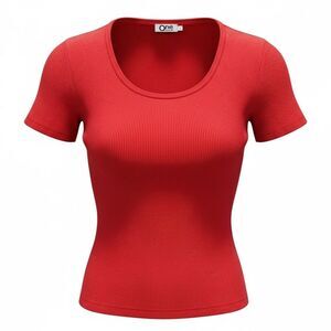 EUC One Stop Women’s Red Ribbed Low Cut Neckline Short Sleeve Top Blouse- Size M